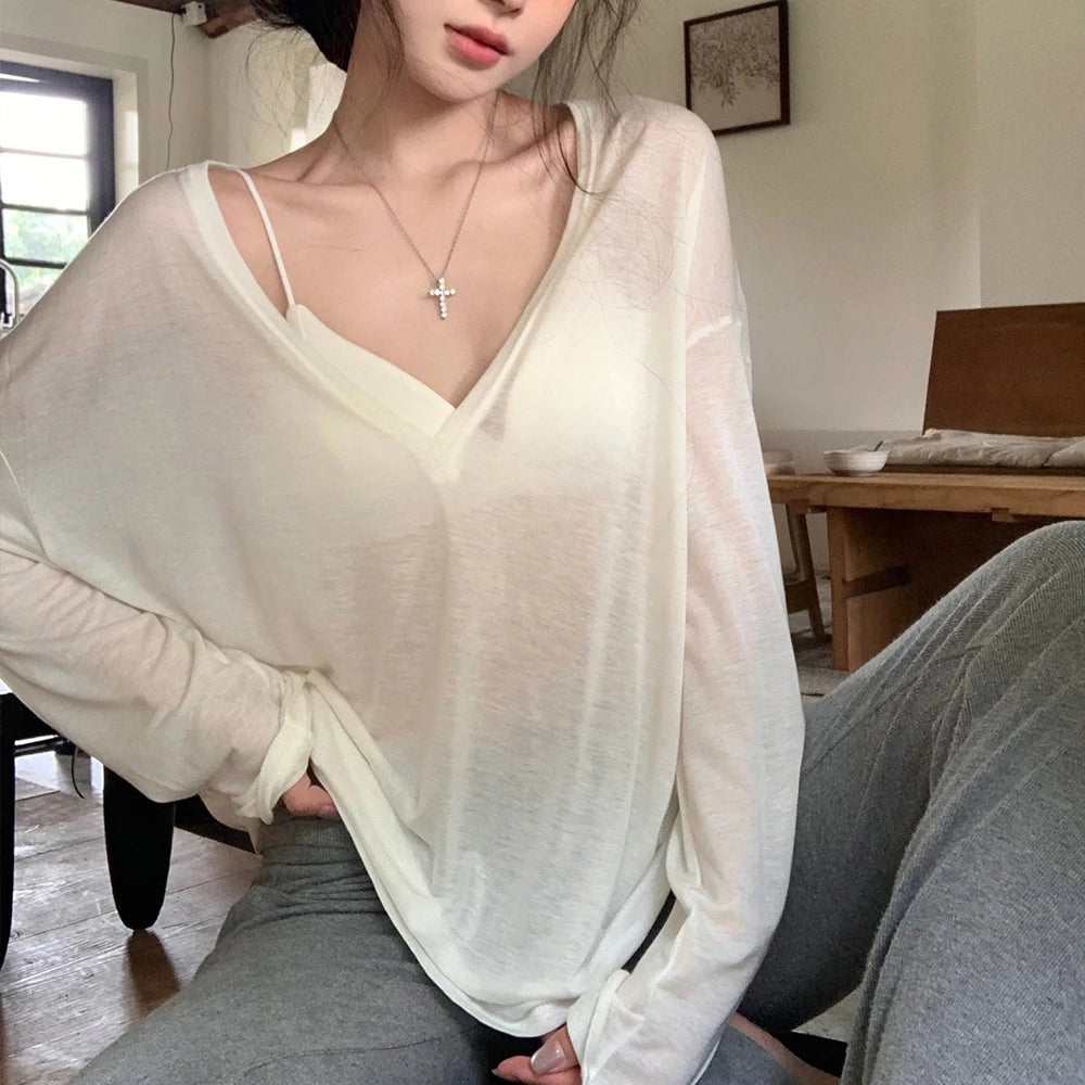 Women's V-Neck Long Sleeve T-Shirt Thin Perspective Summer Loose Fit Casual Top Korean Base Sun Protection Cover Up Top