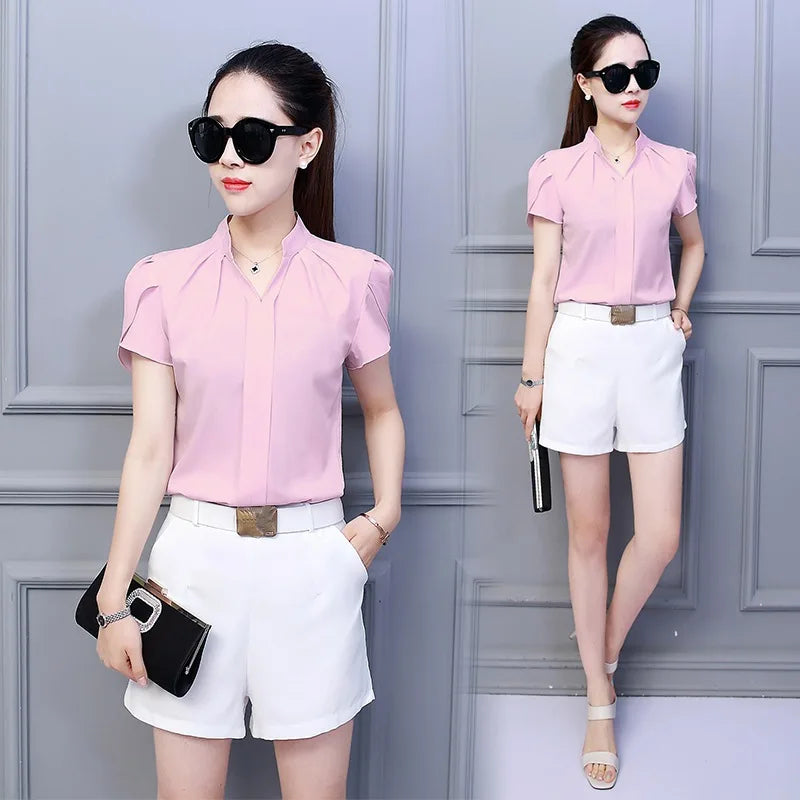 Women Office Ladies Chiffon White Shirt Short Sleeve elegant Tops Casual Clothing