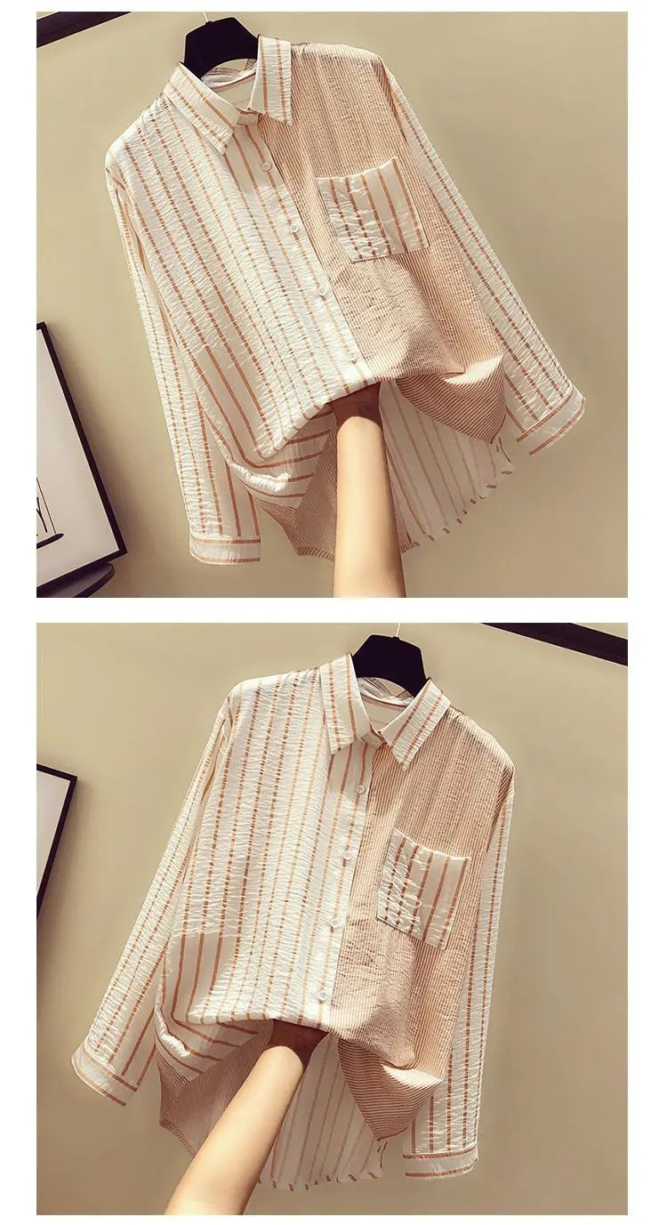 Korean Summer Trendy Women's Shirt Loose Casual Striped Patchwork Shirts Pocket Office Lady Sweet Women's Top