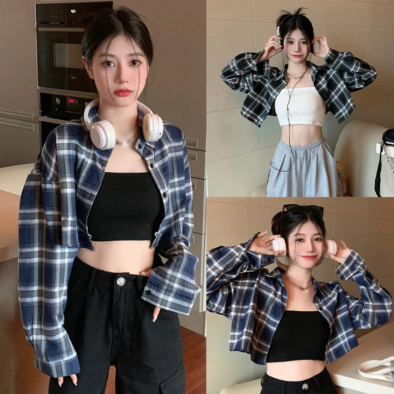 Checkered Women's Long Sleeve Vintage Casual Lapel Turn-down Collar Plaid Classic Single Breasted Tops