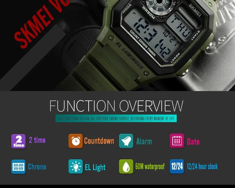 Fashion Men PU Strap Multi function Waterproof Watches Alarm Male Digital Sport Watch