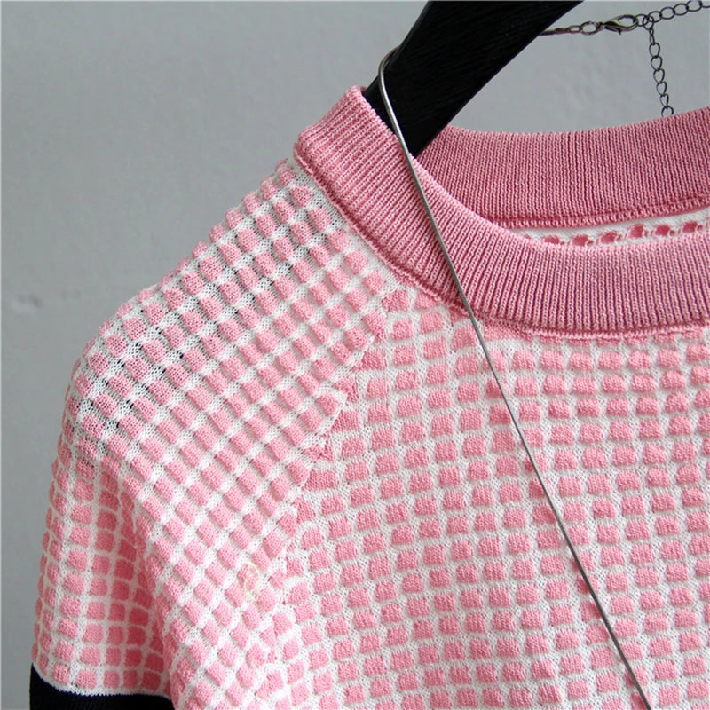Vintage Ladies Tops Striped Summer Blouse Pink Elasticity Short Sleeve Blue Women Blouse