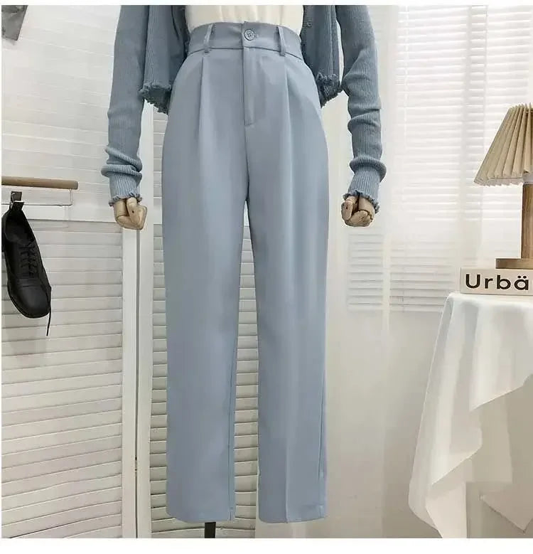 Elastic High Waist Suit Women Pants, Casual Loose Straight Black Office Ladies Trouser
