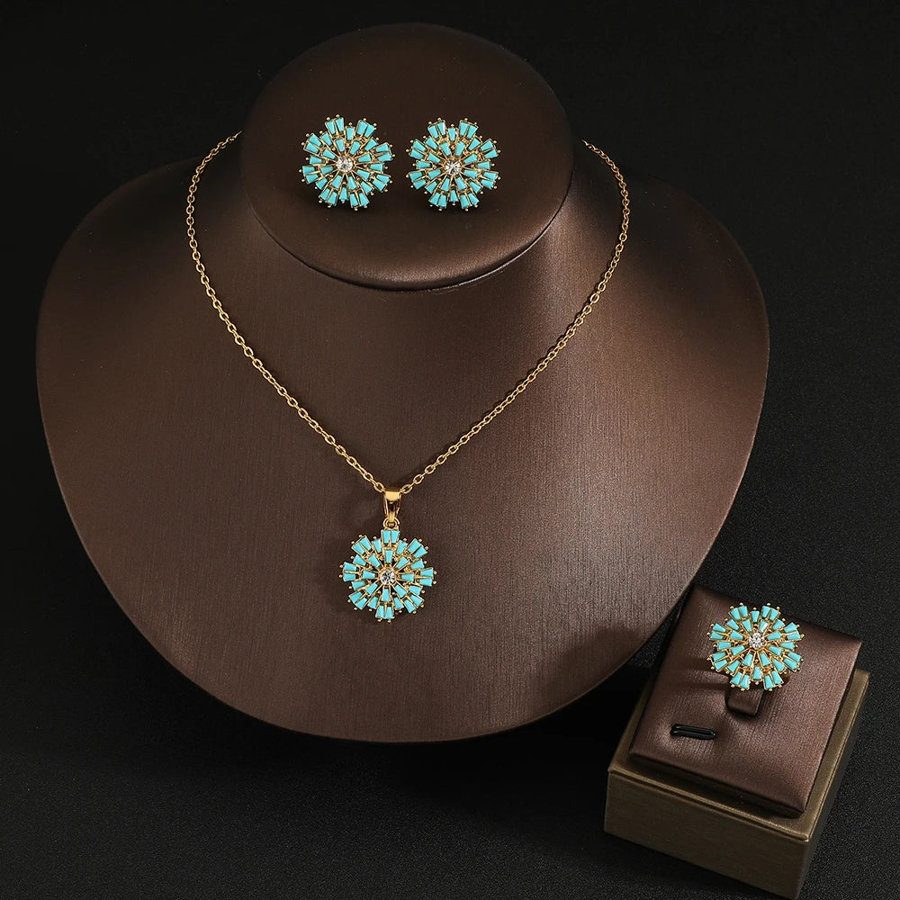 High quality Rings Earrings Necklace snowflake Jewelry Set for Women, Water pearl Shape Sapphire Gemstone