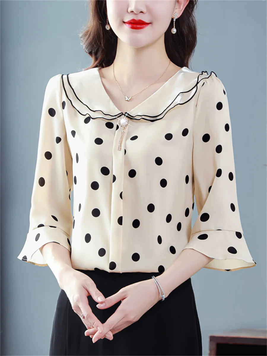 Women Spring Summer Blouses Fashion Casual Half Sleeve Ruffles Collar Polka Dots Tops