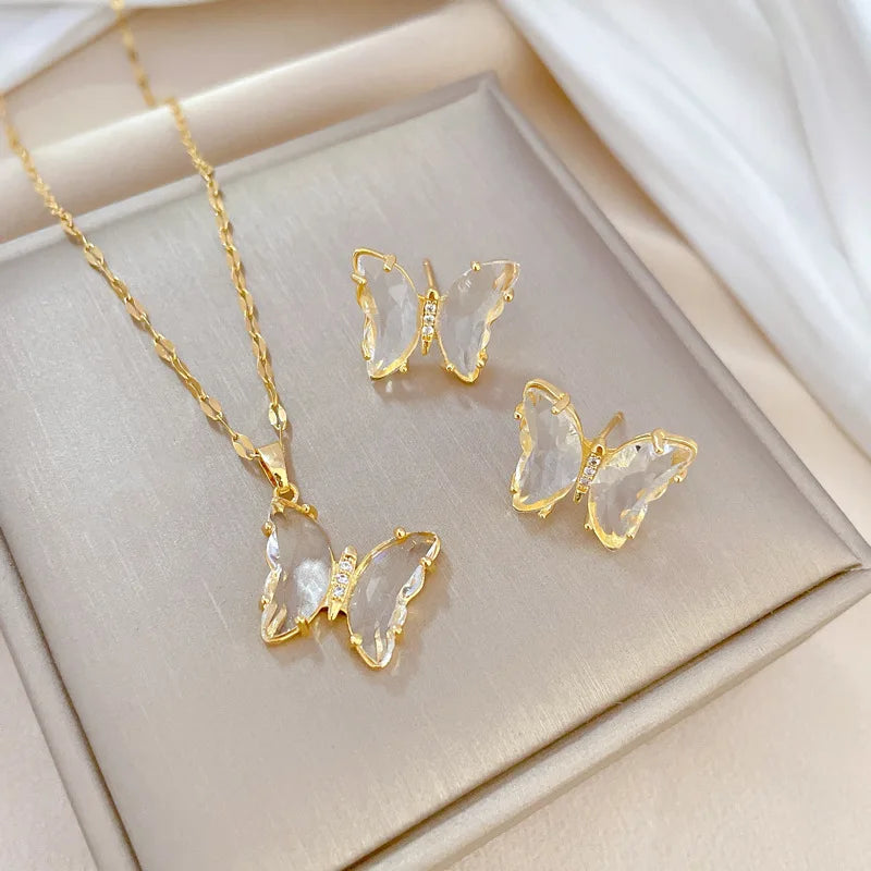 Stainless Steel Austrian Crystal Enamel Square Pendant Jewelry Sets Women