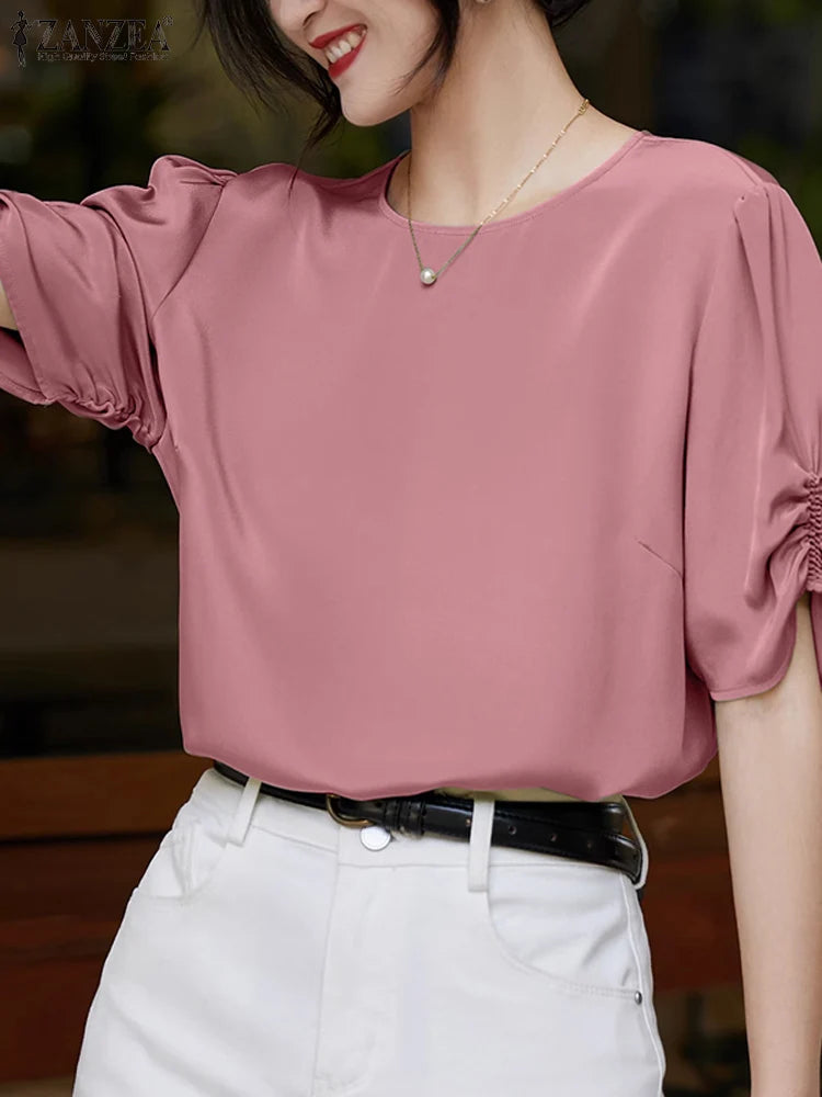 Solid Casual Office Work Tops Fashion Summer Short Sleeve Elegant Loose Blouse