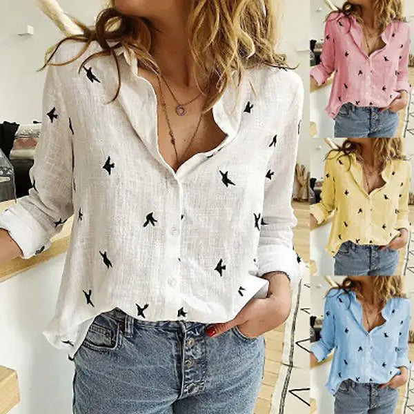 Elegant Cotton Linen Shirts Women Casual Solid Button Lapel Blouses Shirts Autumn Winter Long Sleeve Loose Tops