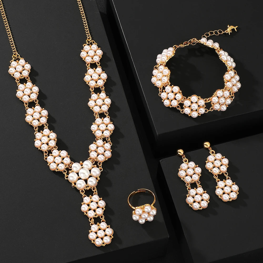 Stainless Steel Vintage luxury pearl flower Pendant Necklace Earrings Bracelet ring Jewelry Set