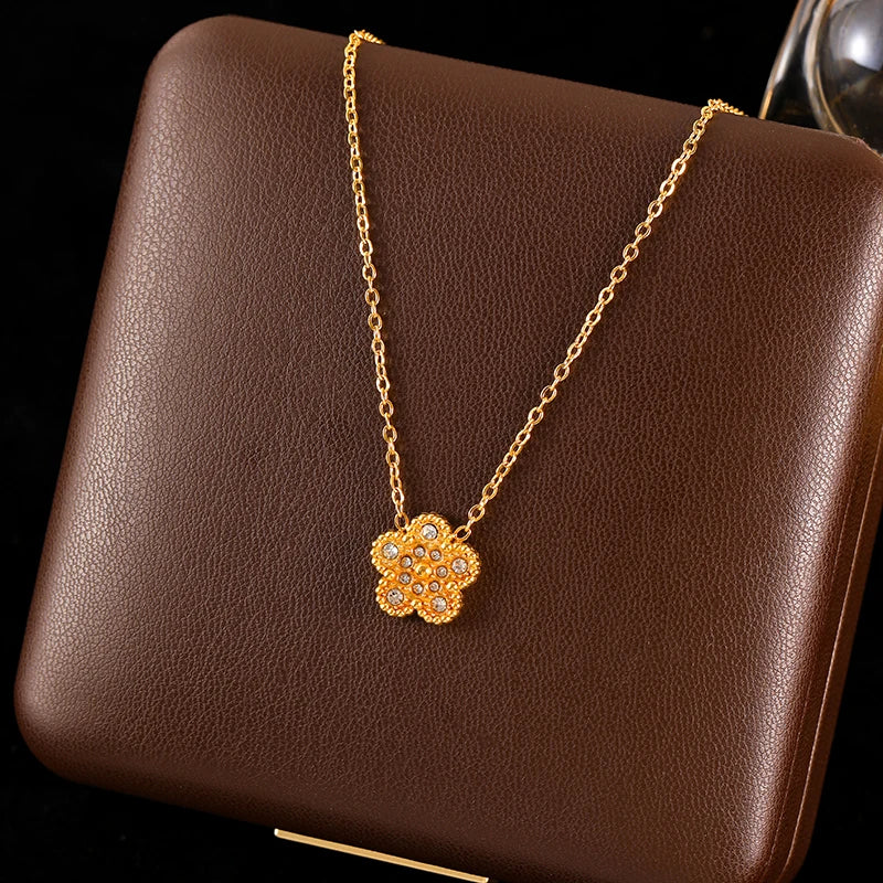 Pink Zircon Reversible Clover Necklace Bracelet Earrings Set For Women Trendy Stainless Steel Waterproof Jewelry
