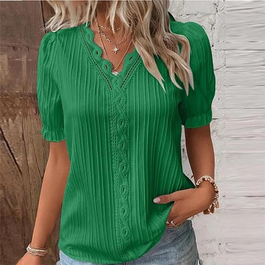Summer Women's Top Solid V-Neck Hollow Short Sleeve Shirt Fashion Loose Street Apparel