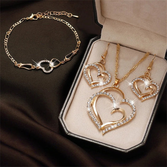 Exquisite Double Heart Necklace Earrings Bracelet Jewelry Set Charm Ladies Jewelry Fashion Accessory Set