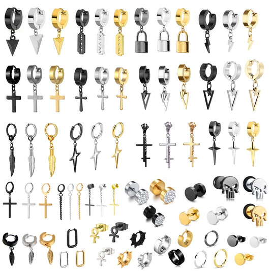 Multi Types Unisex Black Gold Color Stainless Steel Earring, Punk Gothic Piercing Fake Earrings, 1 Pair