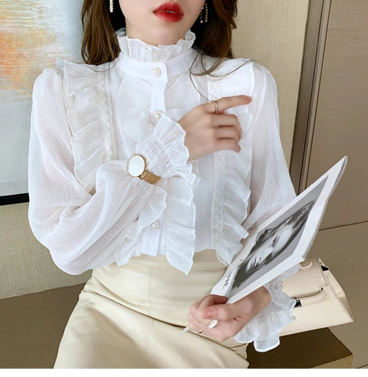 Korean Women Elegant Chiffon Shirt and Blouses Chic Long Sleeve Lace Ruffles Stand Collar Casual Loose White Top