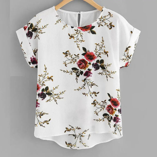 Floral Print Blouse Pullover Ladies O-Neck Tee Tops Female Women's Short Sleeve Shirt