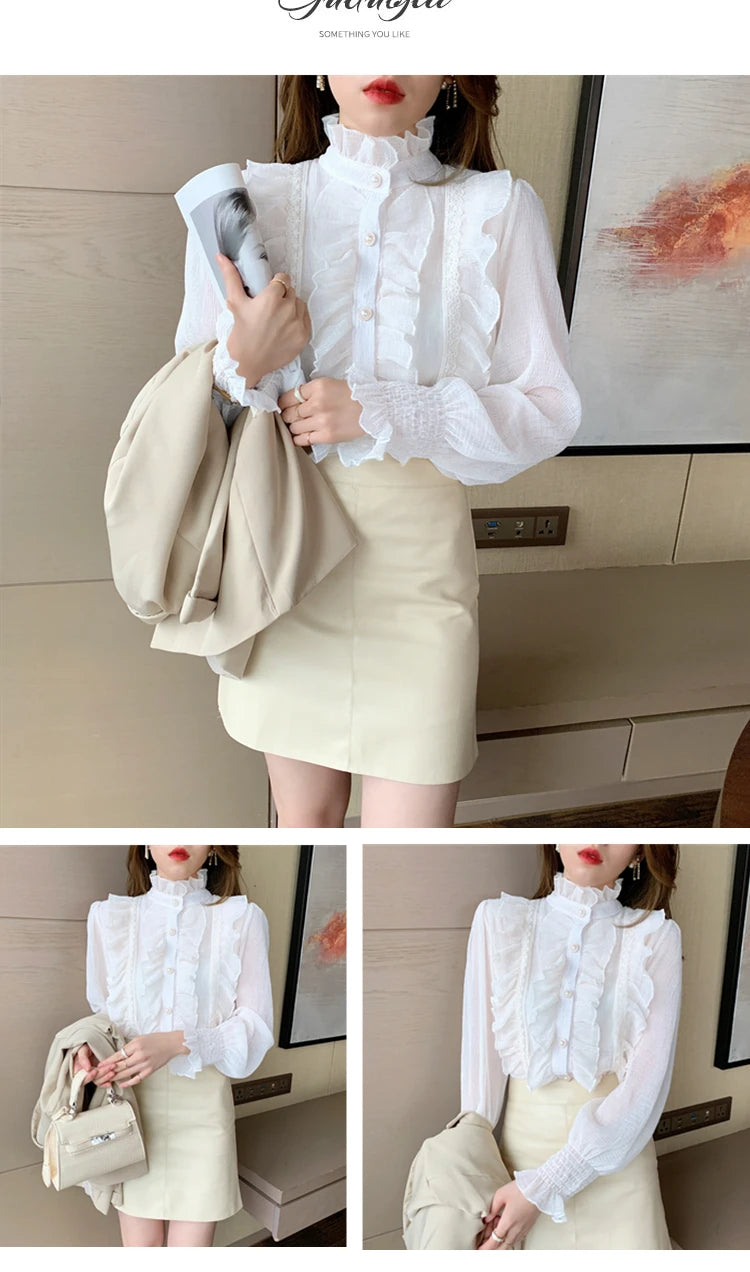 Korean Women Elegant Chiffon Shirt and Blouses Chic Long Sleeve Lace Ruffles Stand Collar Casual Loose White Top