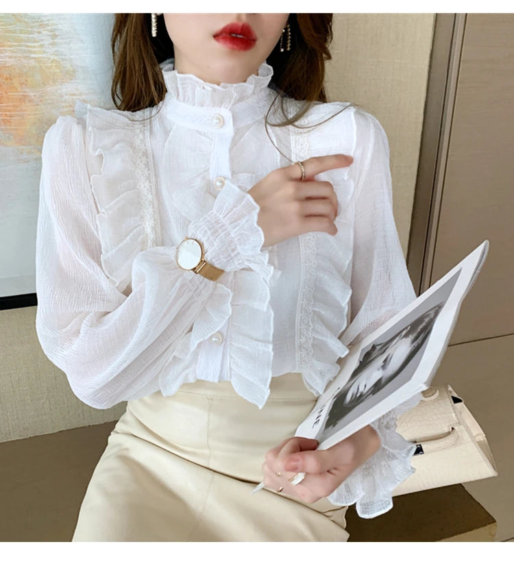 Korean Women Elegant Chiffon Shirt and Blouses Chic Long Sleeve Lace Ruffles Stand Collar Casual Loose White Top
