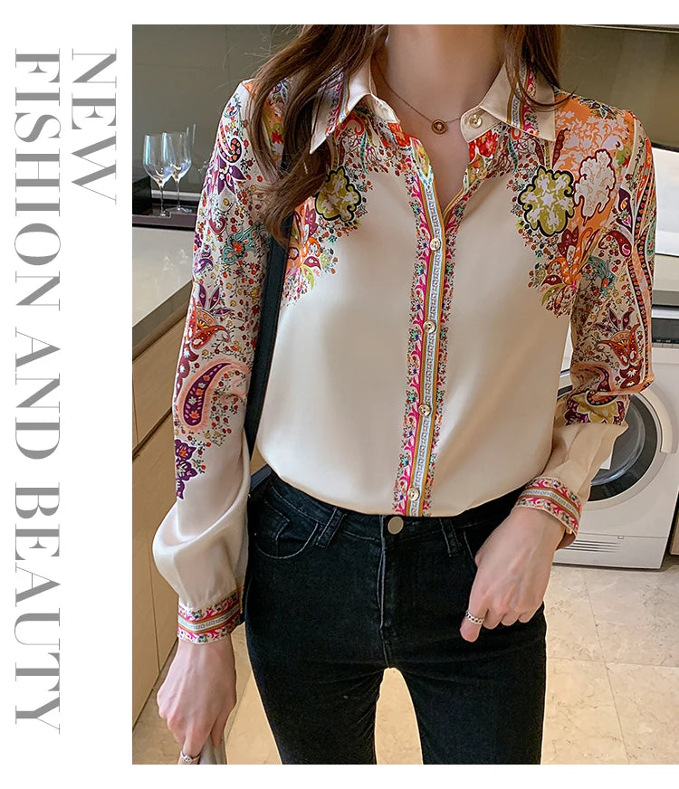 Long Sleeve Shirts Casual Tops Spring Fashion Women Floral Print Blouse Tops Ladies Shirts