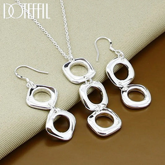 925 Sterling Silver Round Square Necklace Earring Set For Woman