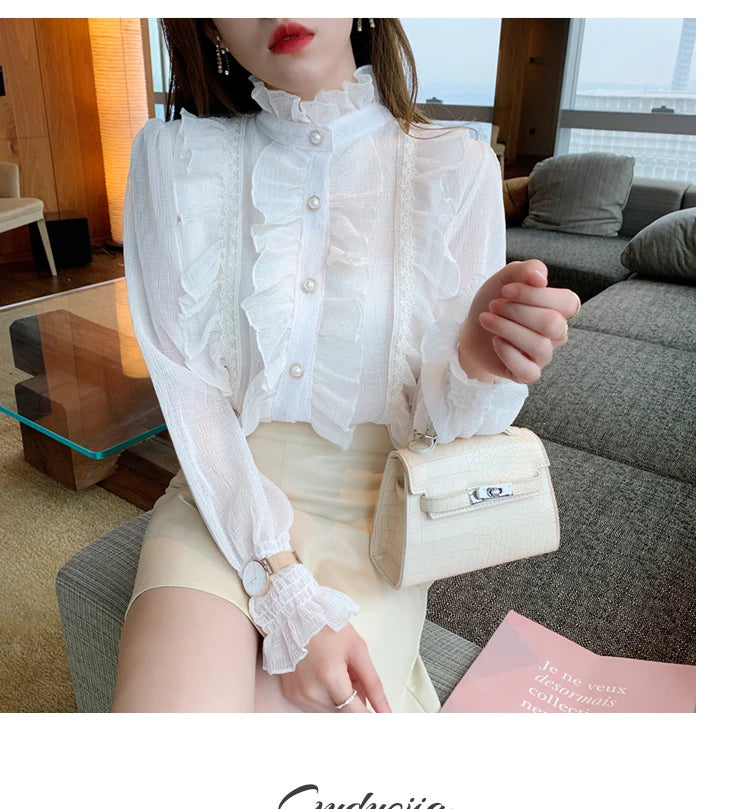 Korean Women Elegant Chiffon Shirt and Blouses Chic Long Sleeve Lace Ruffles Stand Collar Casual Loose White Top