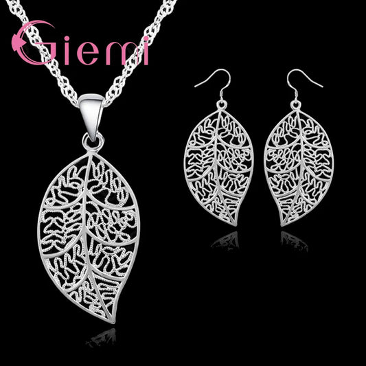 925 Sterling Silver Jewelry Sets Leaf Pendant Necklace Leaves Earring Hook And Earring Hook For Women