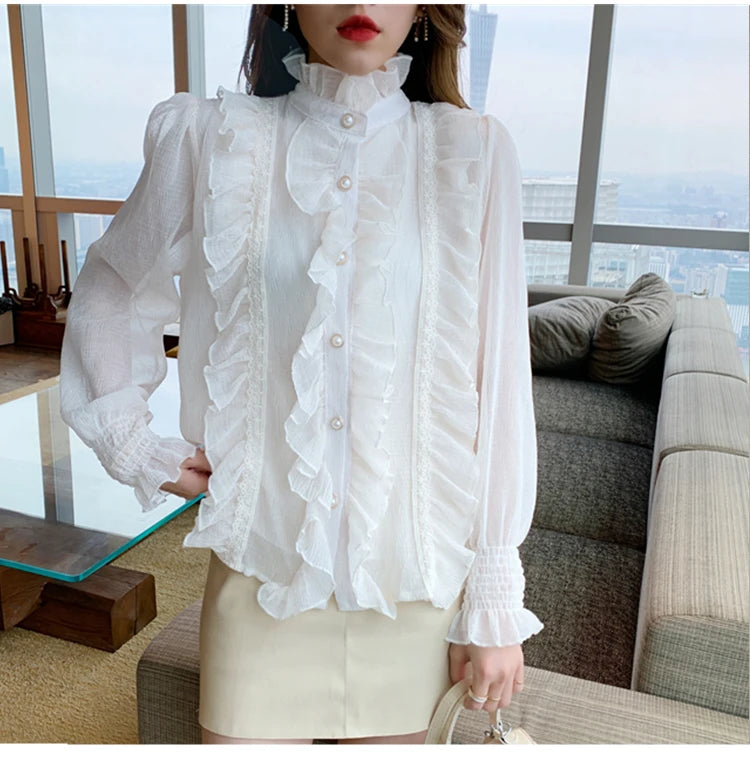Korean Women Elegant Chiffon Shirt and Blouses Chic Long Sleeve Lace Ruffles Stand Collar Casual Loose White Top