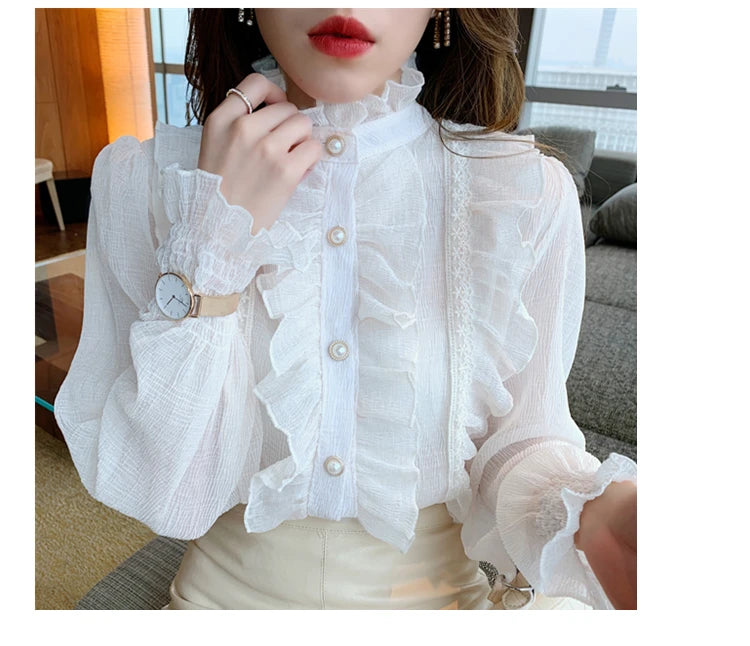Korean Women Elegant Chiffon Shirt and Blouses Chic Long Sleeve Lace Ruffles Stand Collar Casual Loose White Top