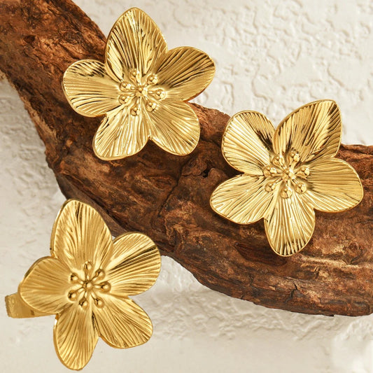 New Trendy Stainless Steel Flower Stud Earring & Ring Charm 18K Gold Plated High Quality  For Women