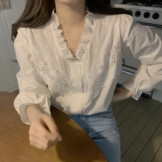 Korean Style Women's V-Neck Button-Up Shirt With Lace Trim  For Fashion Lovers