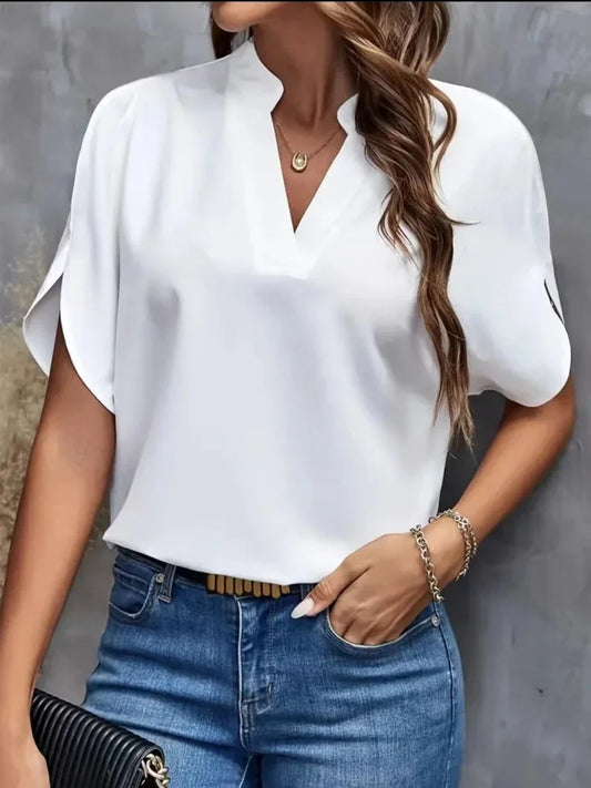 Women  Casual Short Split Sleeve V-Neck Off Shoulder Solid Color Tops