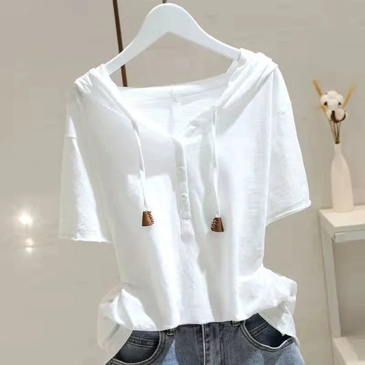 Loose T-shirt Women Spring Summer Wide Slim Versatile Belly Cover Headwear Cotton Korean Casual Style