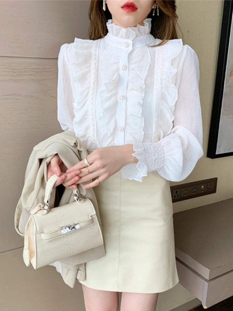 Korean Women Elegant Chiffon Shirt and Blouses Chic Long Sleeve Lace Ruffles Stand Collar Casual Loose White Top