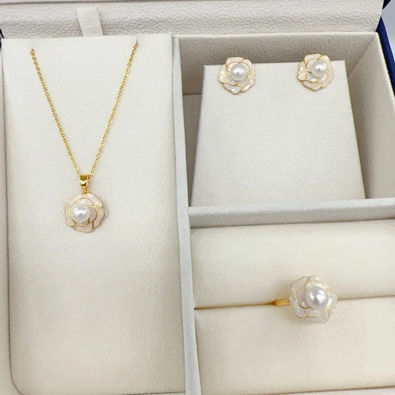 Pearl Jewelry Sets 14k Gold Plated 100% Real Natural Freshwater Pearl Necklace Earrings Ring For Women