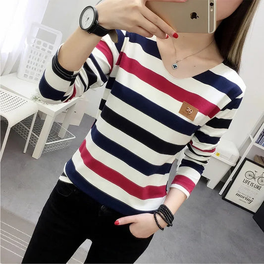 Korean Style Spring Autumn Women's T-shirt New Stripe Long Sleeve Top