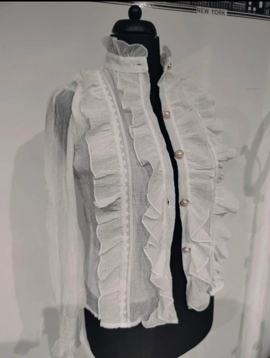 Korean Women Elegant Chiffon Shirt and Blouses Chic Long Sleeve Lace Ruffles Stand Collar Casual Loose White Top