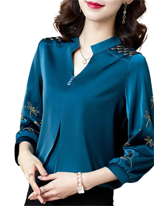 Women Fashion Casual Three Quartz Sleeve V-Neck Embroidery Blouse