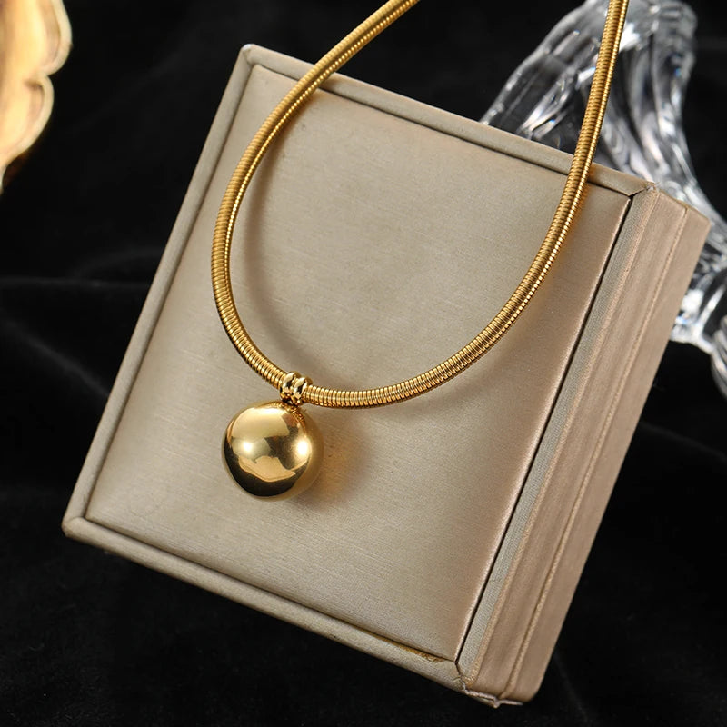 Stainless Steel 18K Gold Plated Bead Pendant Necklace Earrings Jewelry Set For Women