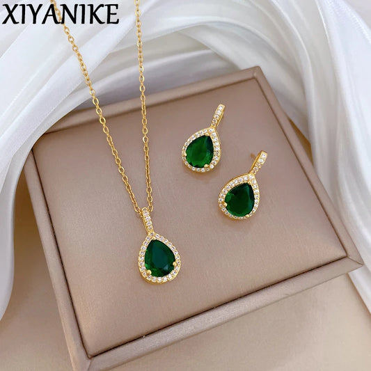 Stainless Steel Necklace Earring Set For Women Water Droplet Green Zircon Crystal Pendant Necklace Ear Studs