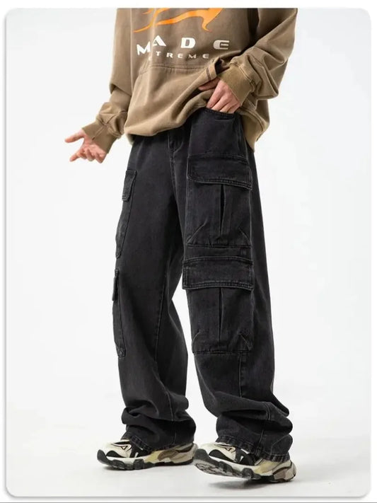 Multi-pocket Workwear Design Jeans Men's Old Washed Retro Japanese Korean Casual Pants