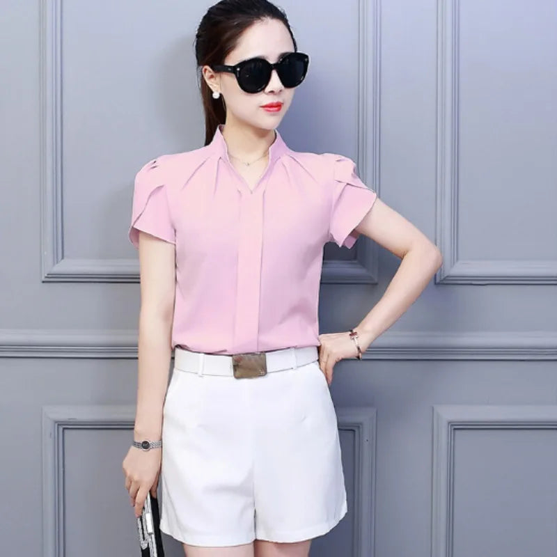 Women Office Ladies Chiffon White Shirt Short Sleeve elegant Tops Casual Clothing