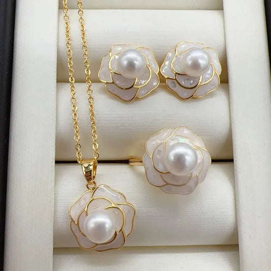 Pearl Jewelry Sets 14k Gold Plated 100% Real Natural Freshwater Pearl Necklace Earrings Ring For Women