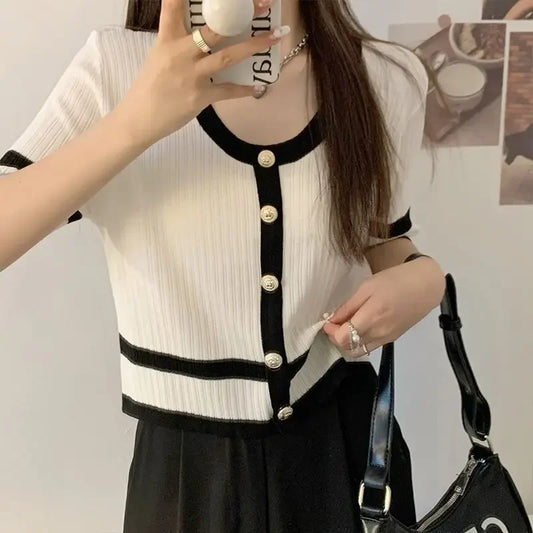 Summer 2024 New Women's Knitted T-shirt Cropped Sweet Top Elegant Short Sleeves Casual Top
