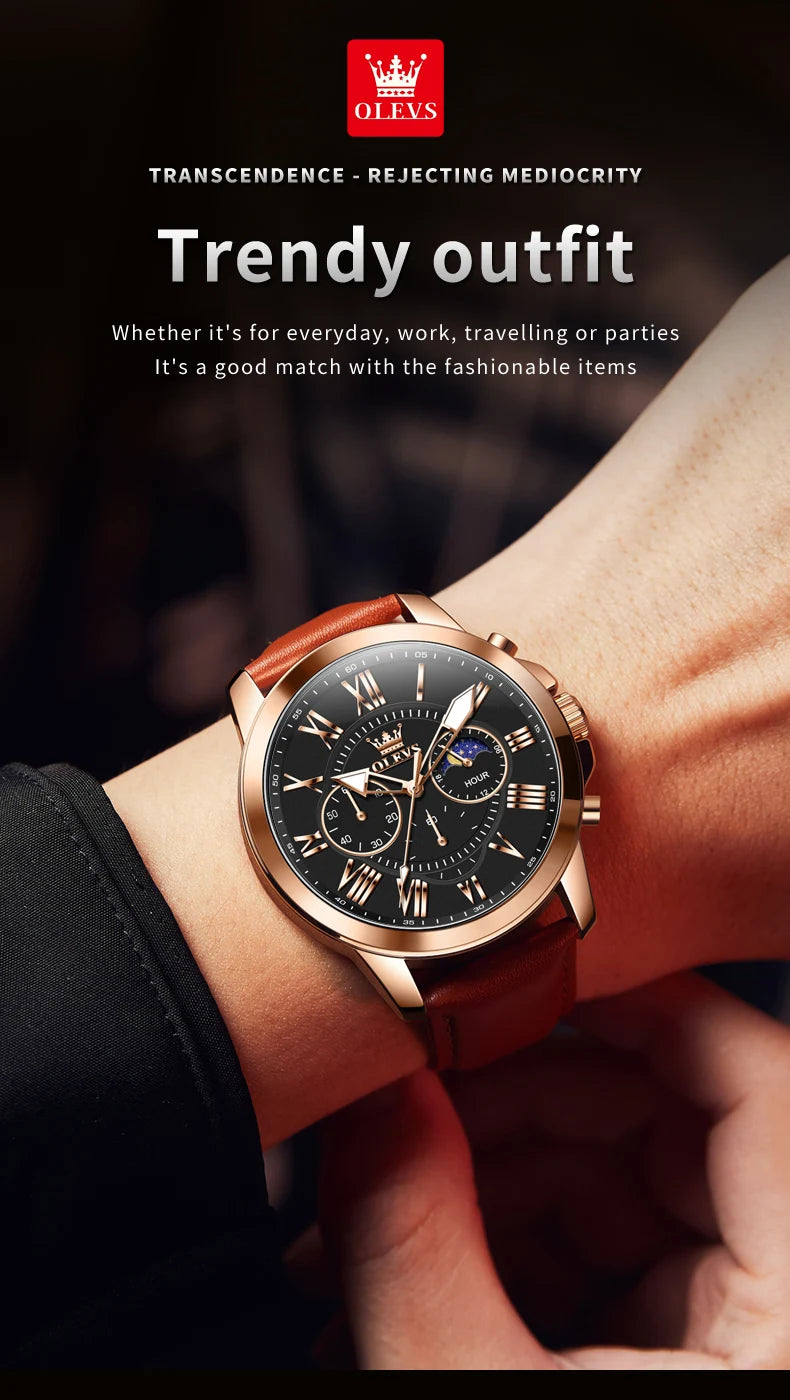 OLEVS 3632 Men's Watches Luxury Waterproof Leather Strap Moon phase Quartz Luminous 45.5MM Big Dial Watch