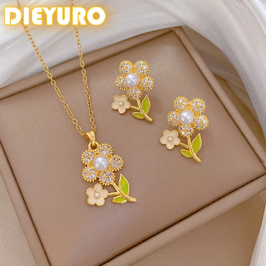 Stainless Steel Zircon Sunflower Plant Pearl Pendant Necklace Earrings Set Women New Trend