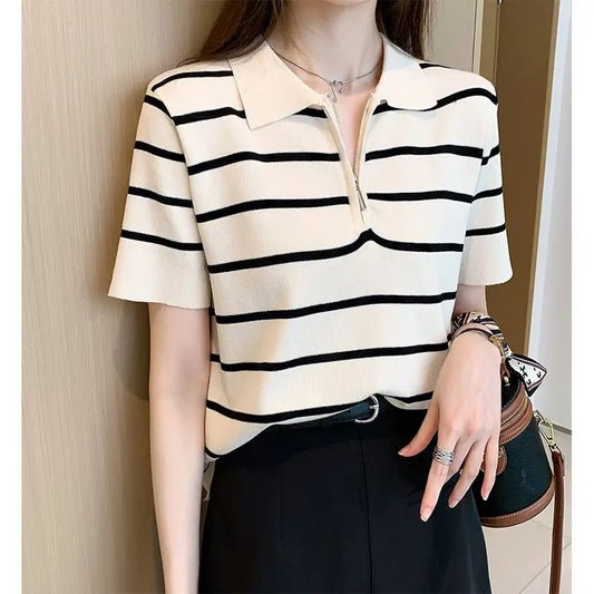 Summer Korean Fashion Zipper Color Blocking Turn-down Collar Short Sleeve Women Clothing