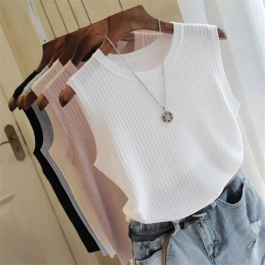 Summer Fashion Knitted Vests O-neck Sleeveless Casual Thin Tops Sleeveless Women Blouse