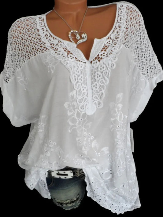Loose Short-Sleeved Lace Women Blouses Cotton Blouses Summer V-neck White Shirt