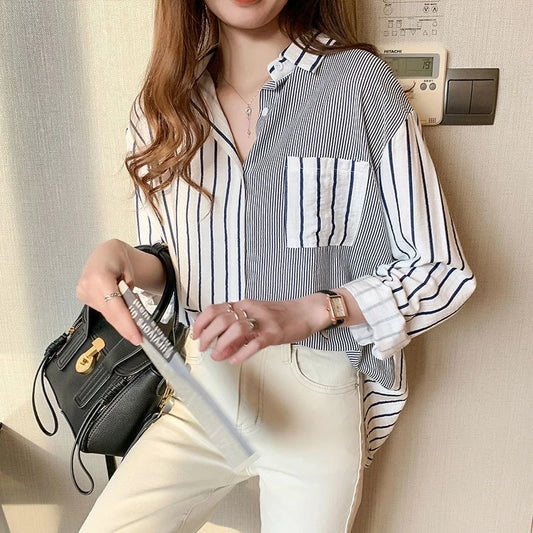 Korean Summer Trendy Women's Shirt Loose Casual Striped Patchwork Shirts Pocket Office Lady Sweet Women's Top