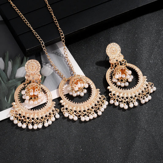 Gold Color Round Dangle Earring Necklace for Women Vintage Alloy Bells Pearl Tassel Earrings Set