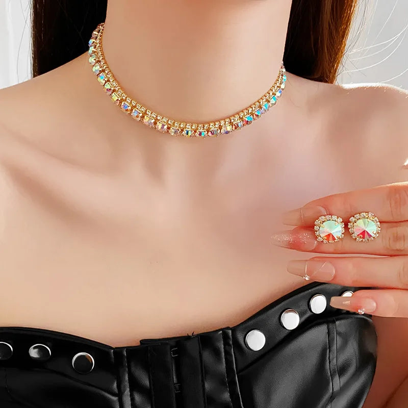Inlaid Green Rhinestone Necklace Earring Set for Women Luxury Choker Necklace Stud Earrings
